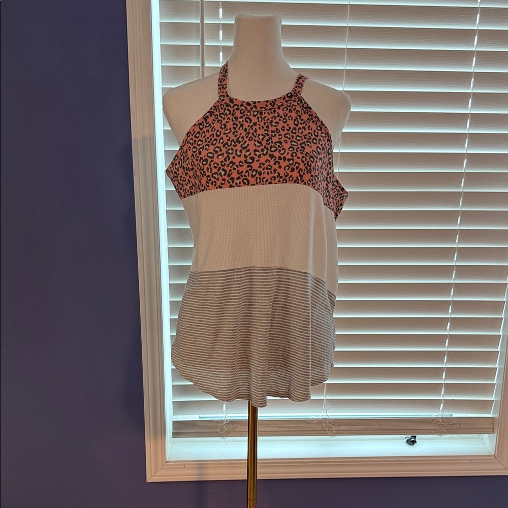 7th Ray Pink Leopard and Gray Stripe Tank Top